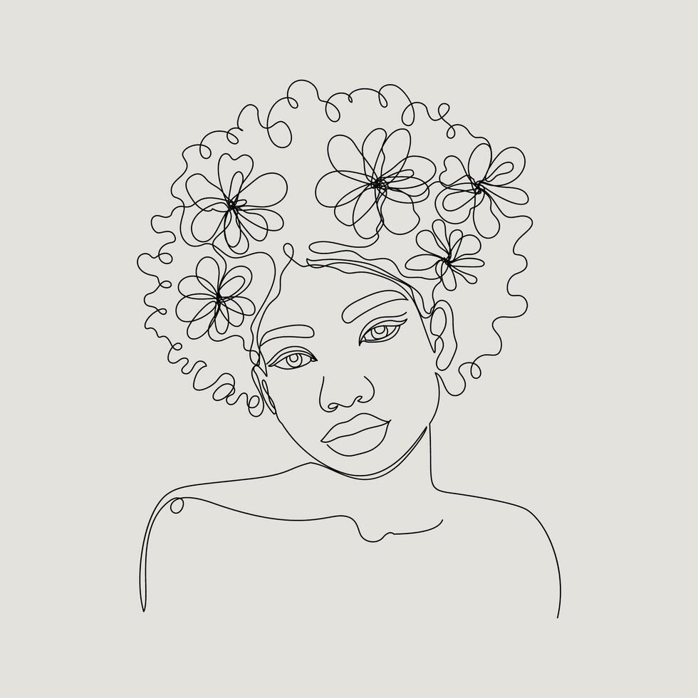 One Line African Girl with Flowers vector