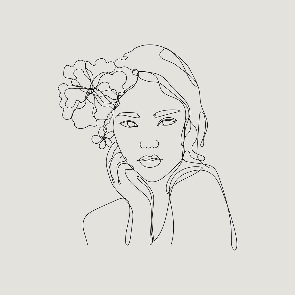 One Line Asian Girl with Flowers vector