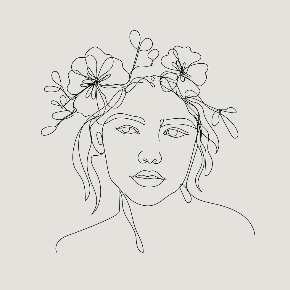 One Line Girl with Flowers vector