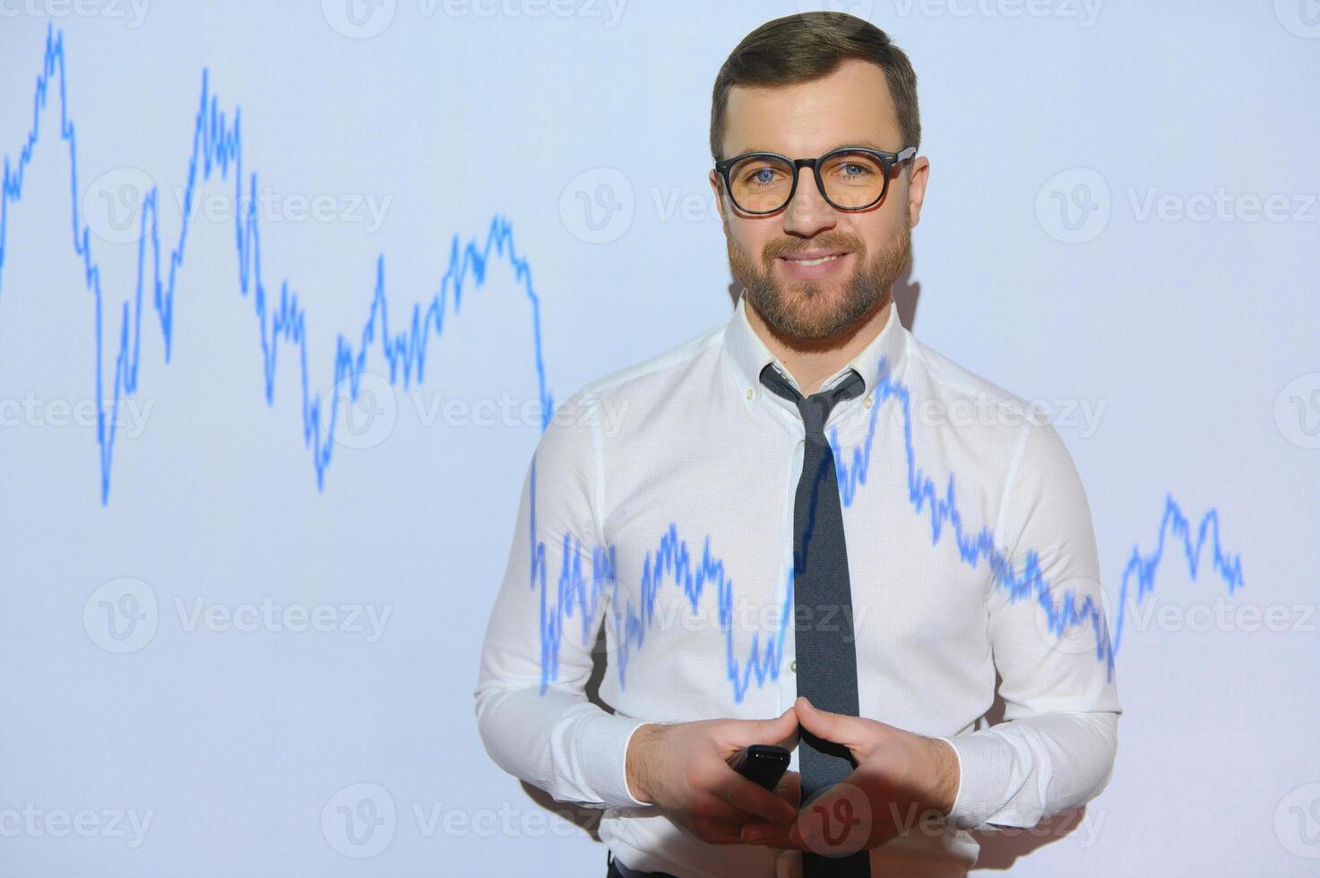 Stock Market Trader Working Investment Charts, Graphs, Ticker, Diagrams Projected on His Face. Financial Analyst and Digital Businessman Selling Shorts and Buying Longs photo