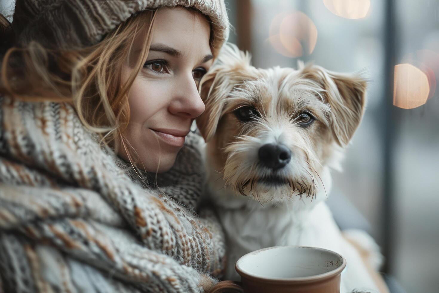 ai generado un mujer participación un taza de café y perro foto