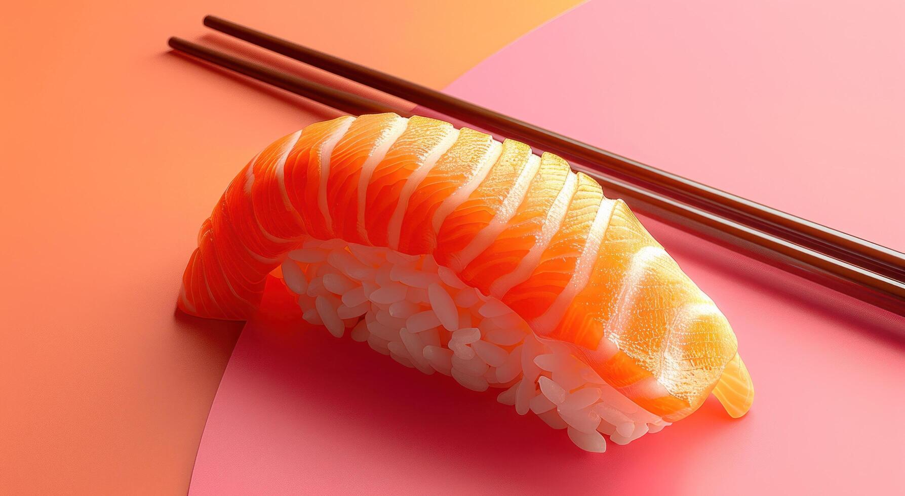 ai generado un Sushi plato con salmón y palillos en parte superior foto