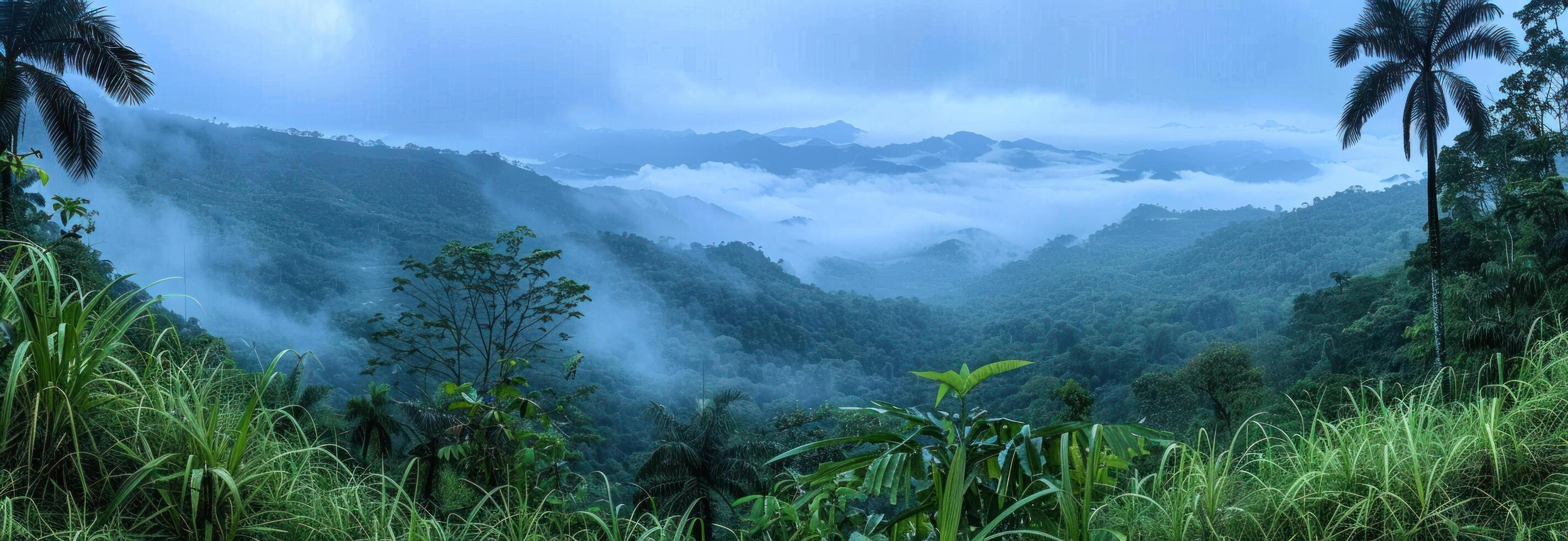 AI generated a tropical tropical rainforest with fog, mountainous vistas photo