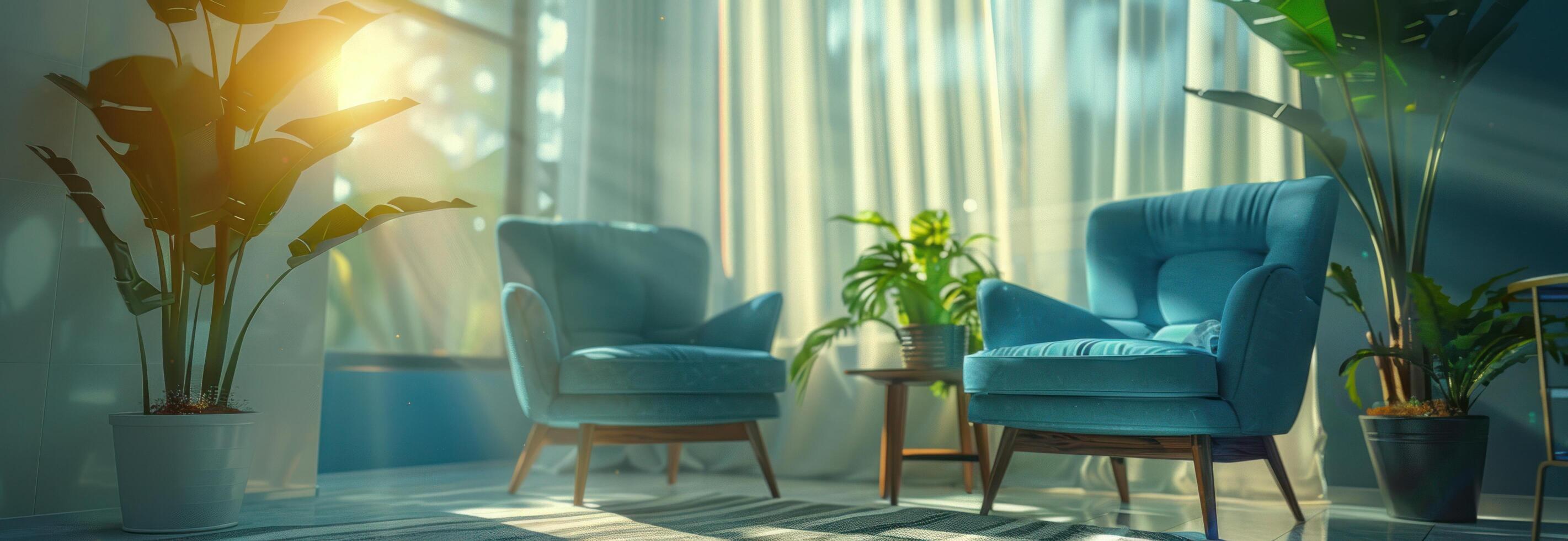 AI generated a light room with blue color furniture set against white wall and glass window photo