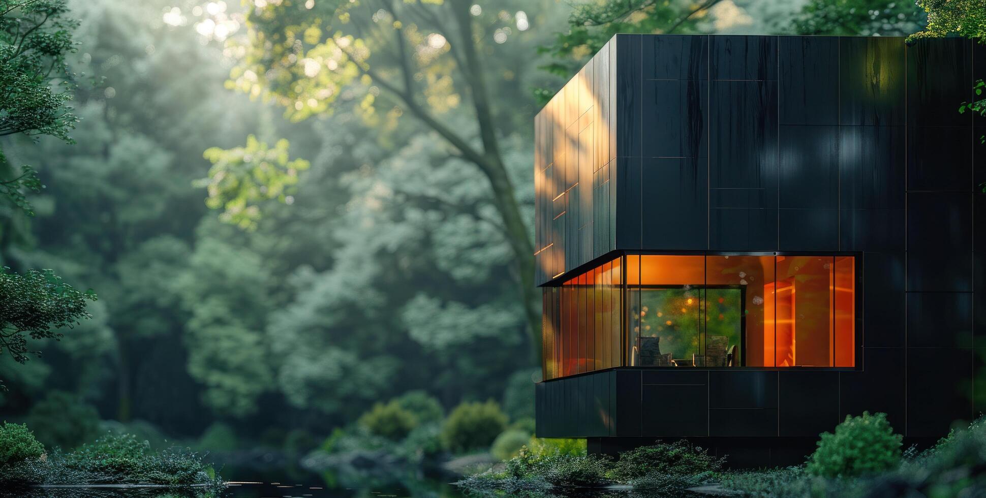 AI generated a black modern cabin in the forest photo
