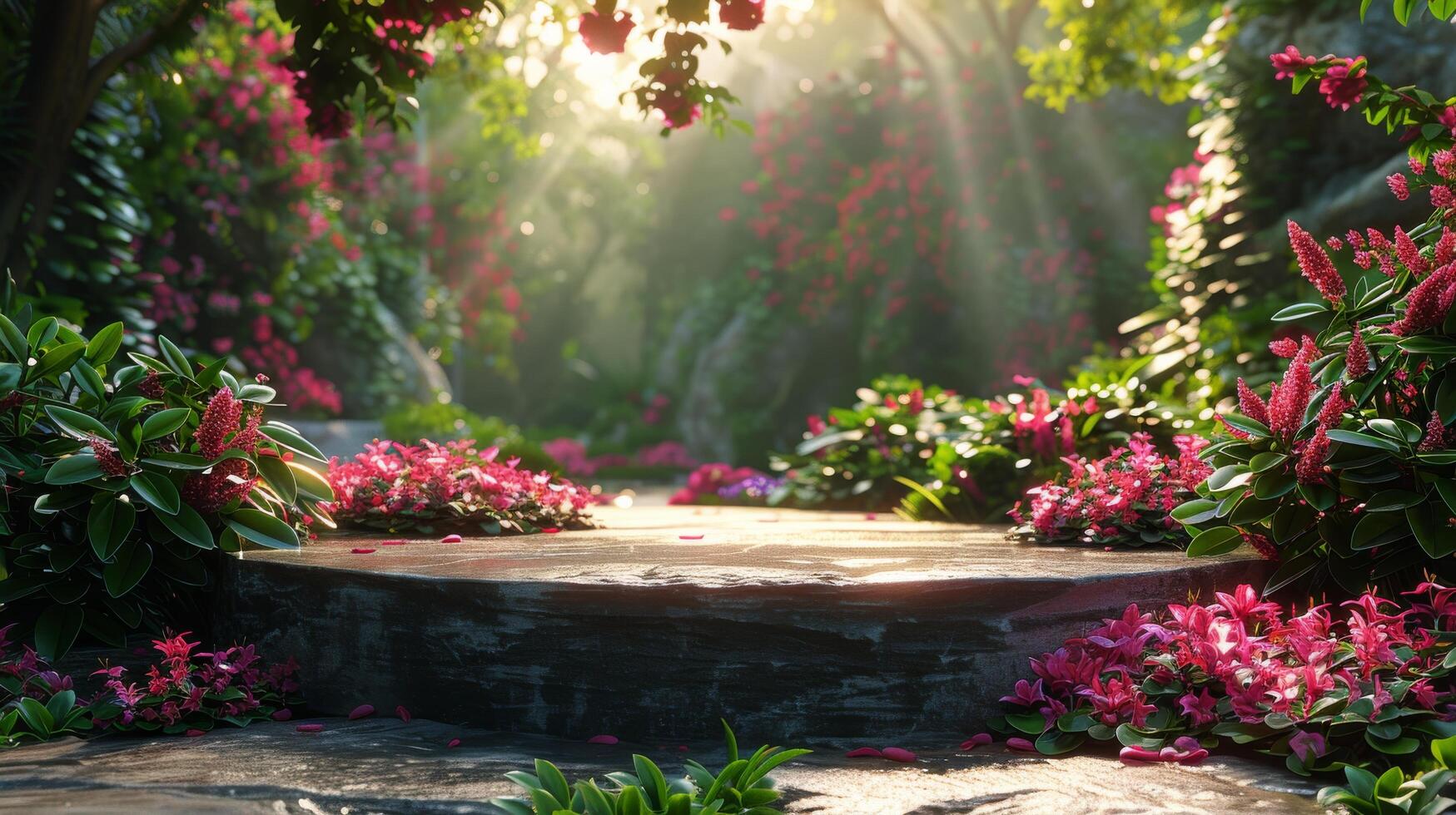 AI generated Vibrant Garden With Abundant Flowers and Trees photo