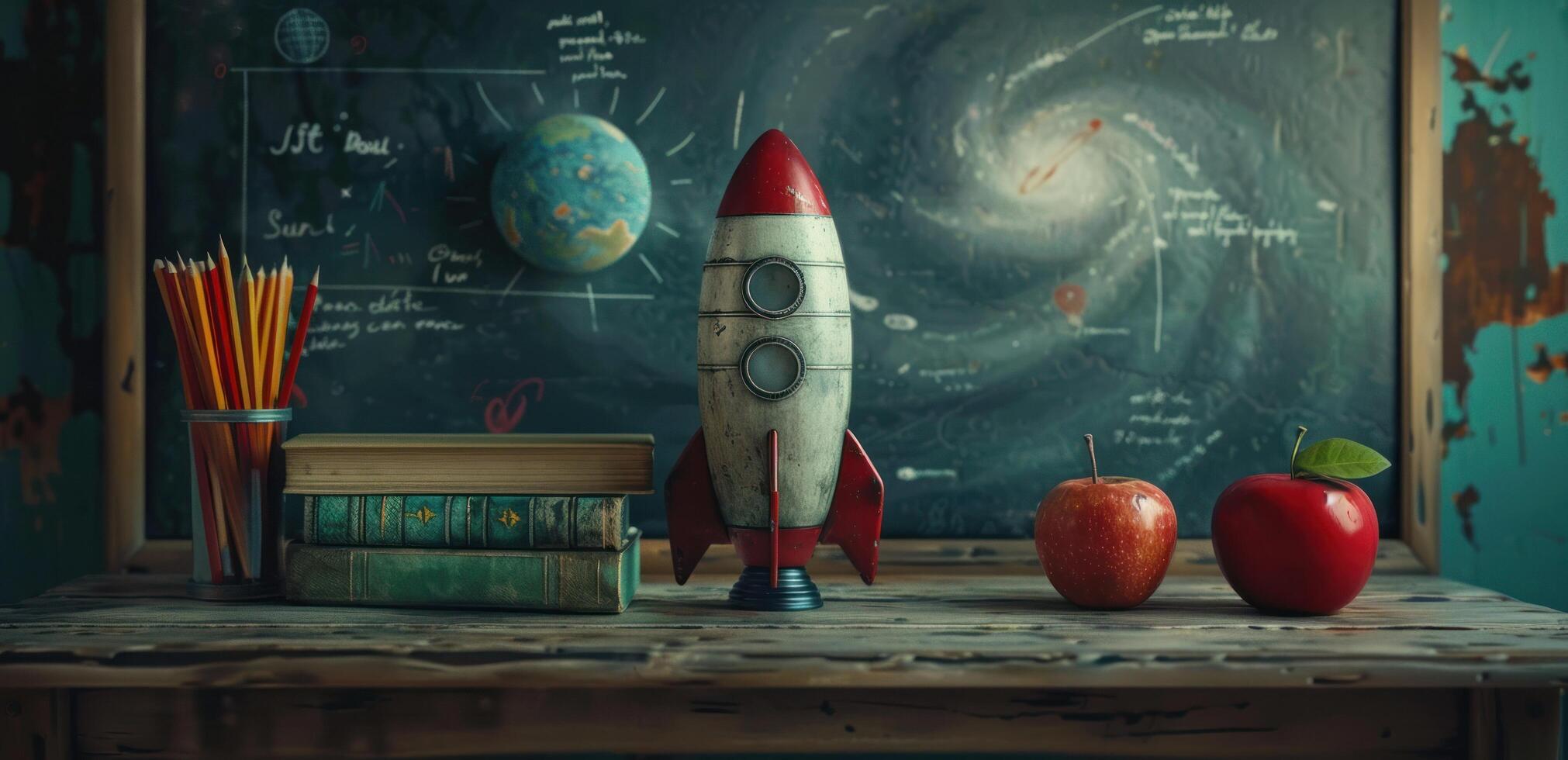 AI generated a rocket, pencils, apple and some books on a chalk board photo