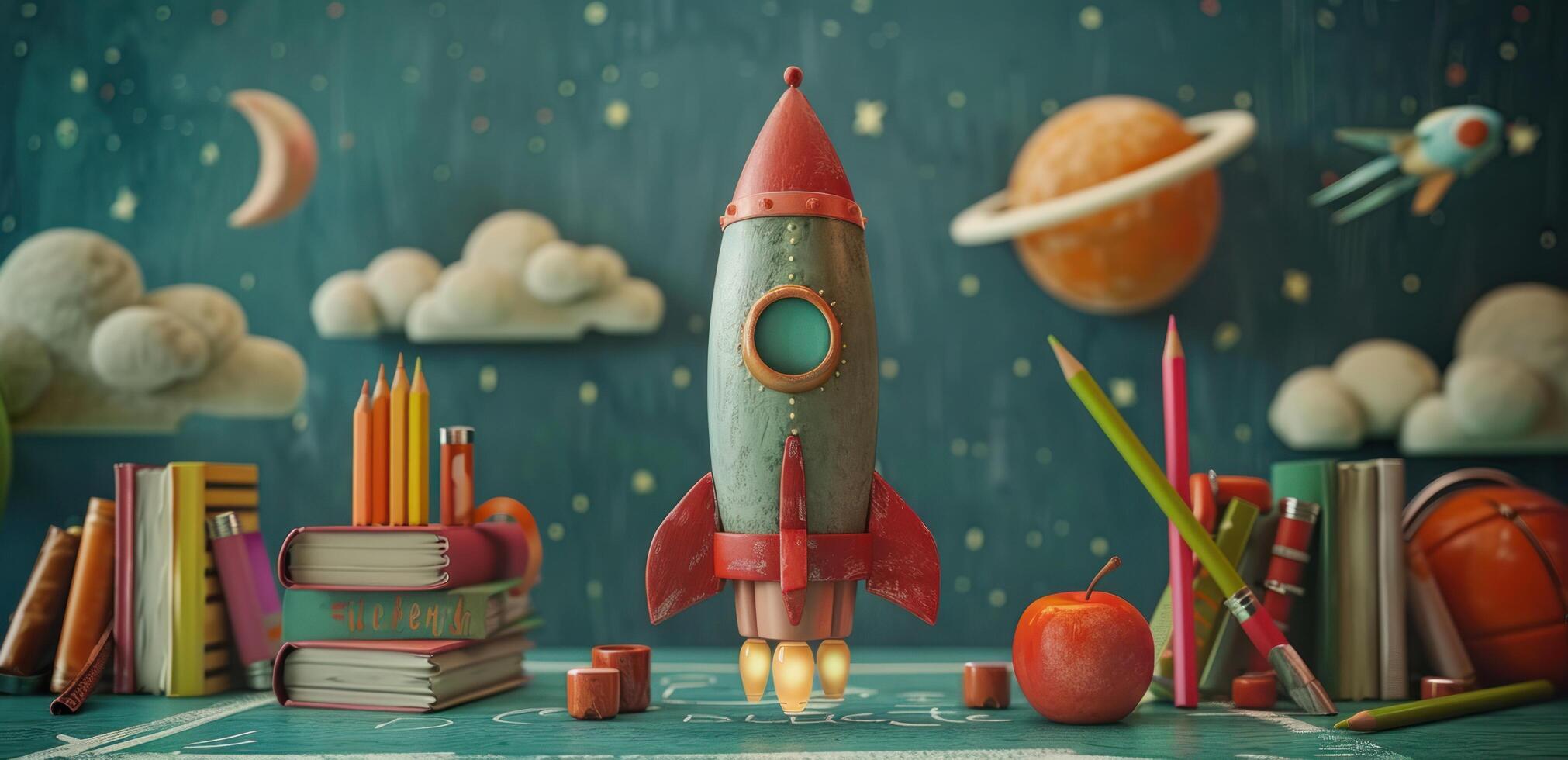 AI generated a rocket, pencils, apple and some books on a chalk board photo