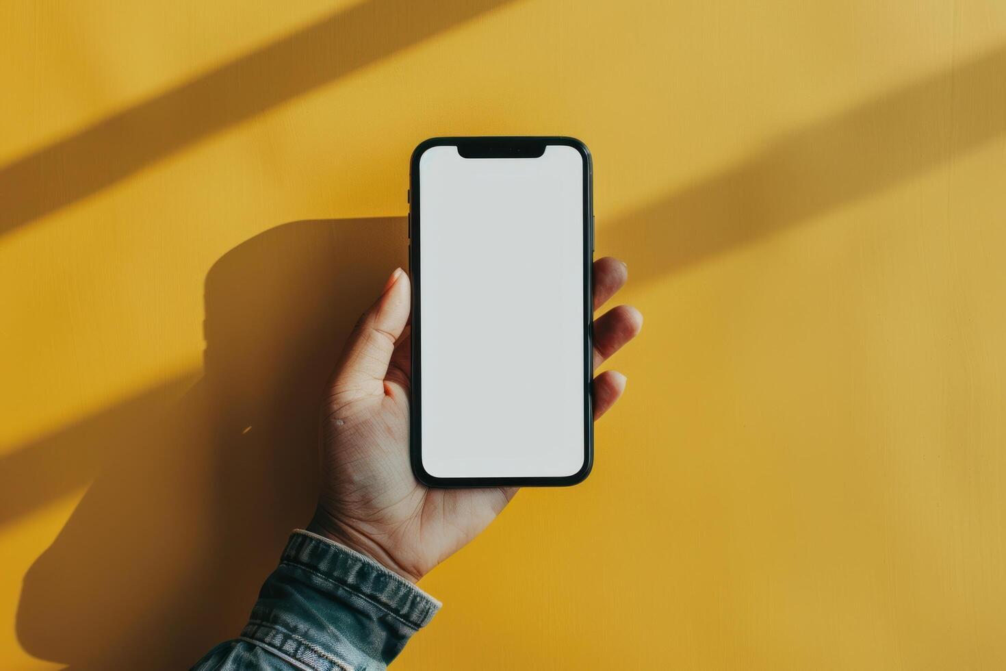 AI generated a hand holds the phone with a blank screen in front of a yellow background photo