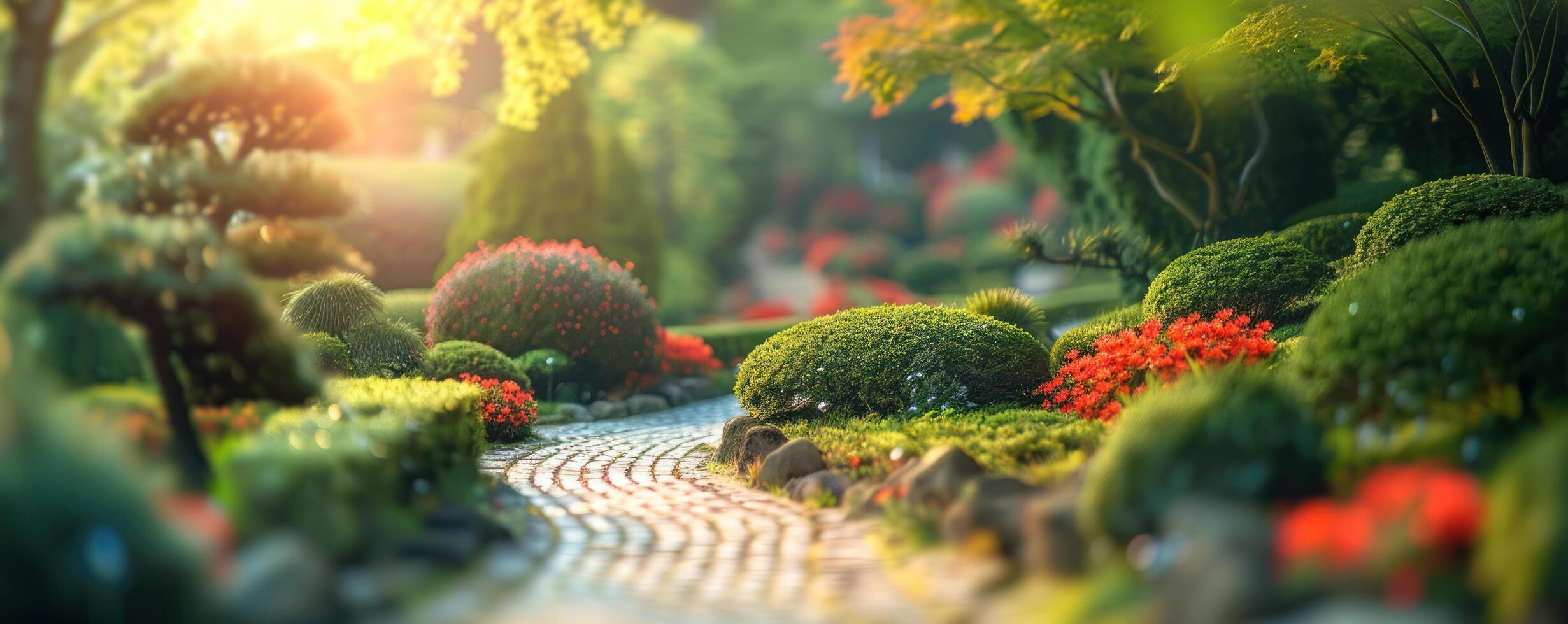 AI generated a garden with many beautiful shrubs and trees photo