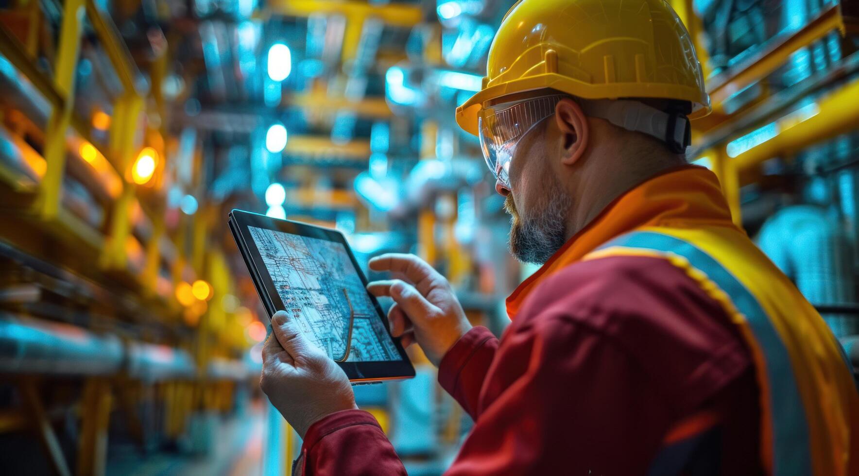 AI generated a worker wearing a hard hat with protective gear holds up a tablet at the industrial facility photo