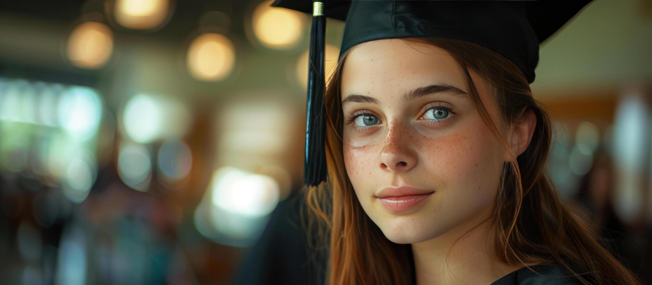 ai generado un joven mujer vistiendo un graduación vestido es espalda en visión foto