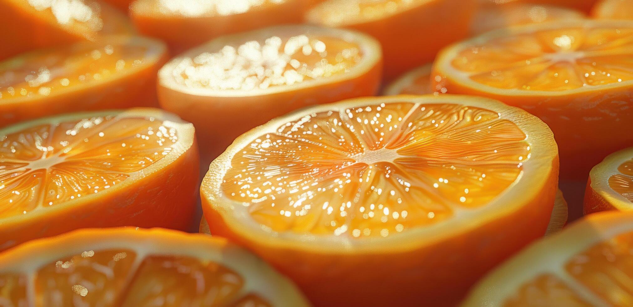 ai generado un lote de naranja rebanadas son desplegado foto