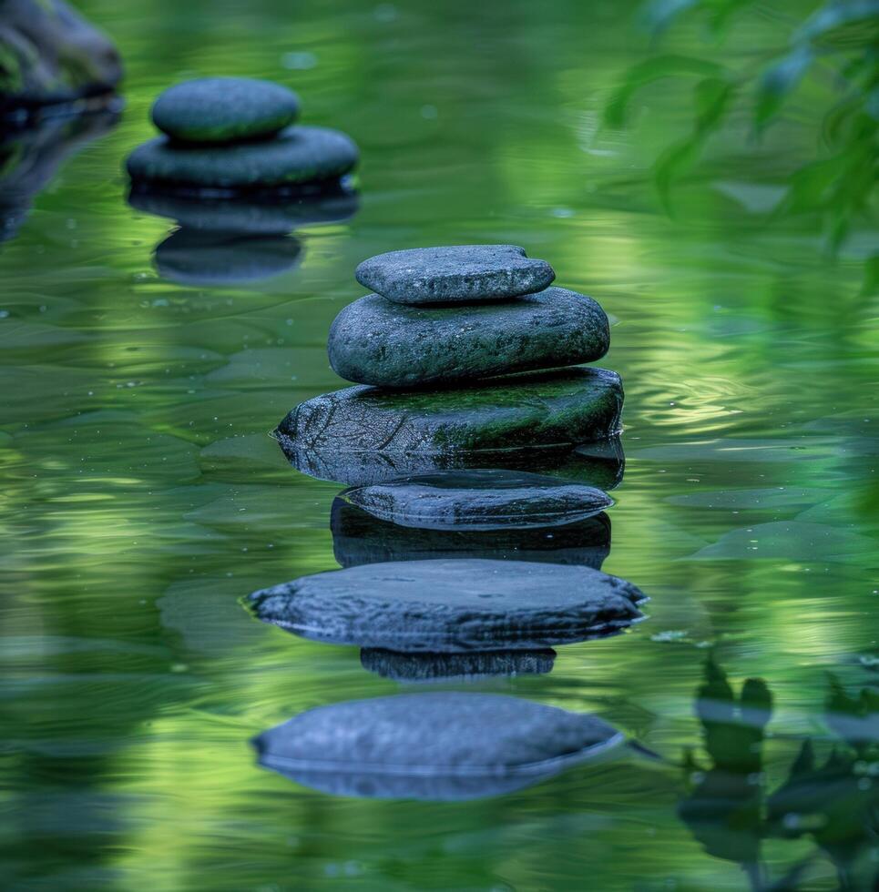 AI generated a photo of several black stones sitting on top of reflections of the water