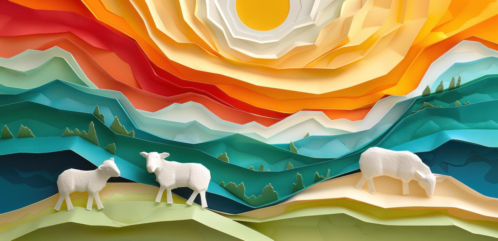 AI generated abstract painting of sheep on a hillside photo