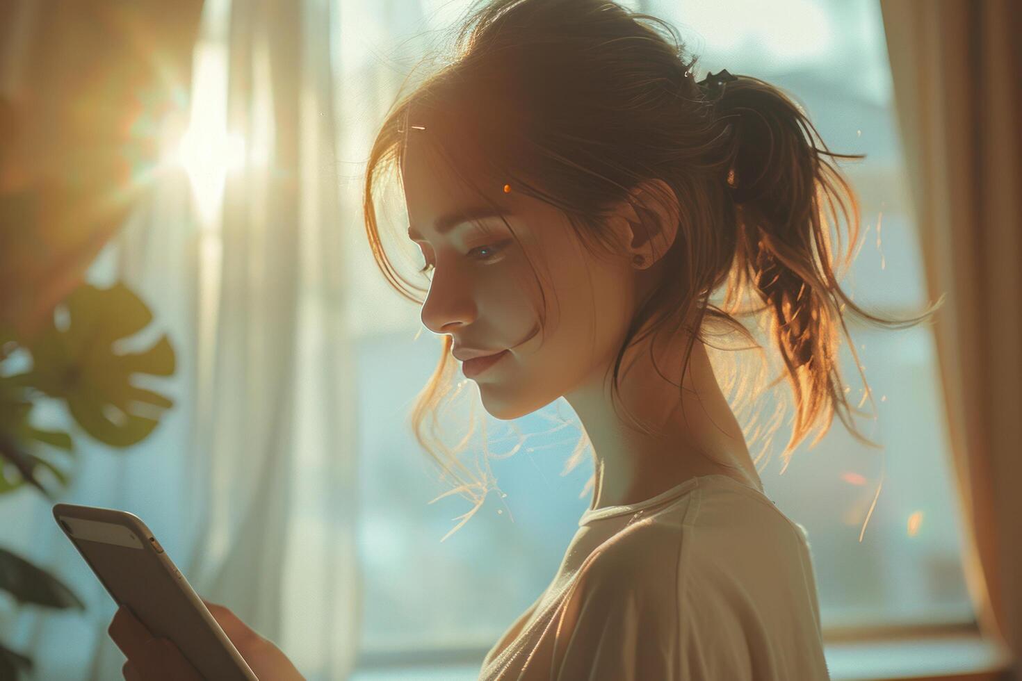 ai generado un joven mujer es en pie siguiente a un ventana mientras participación un tableta computadora foto