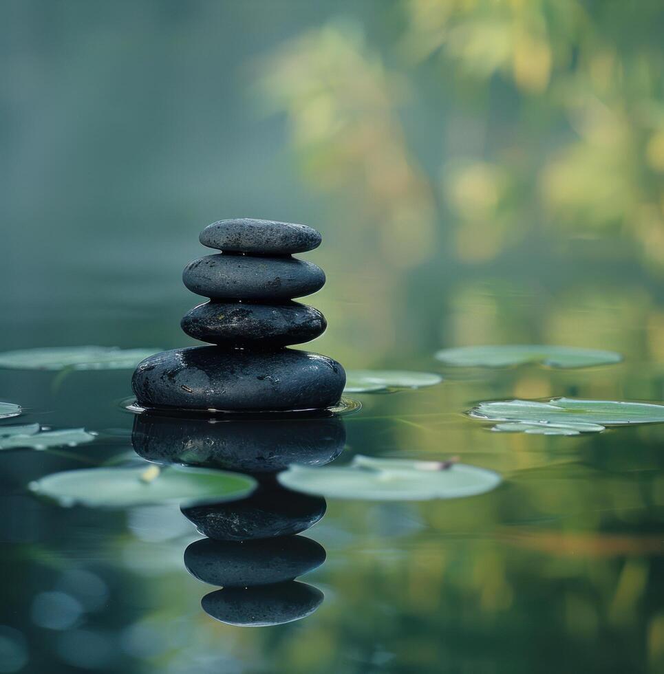 AI generated a photo of several black stones sitting on top of reflections of the water