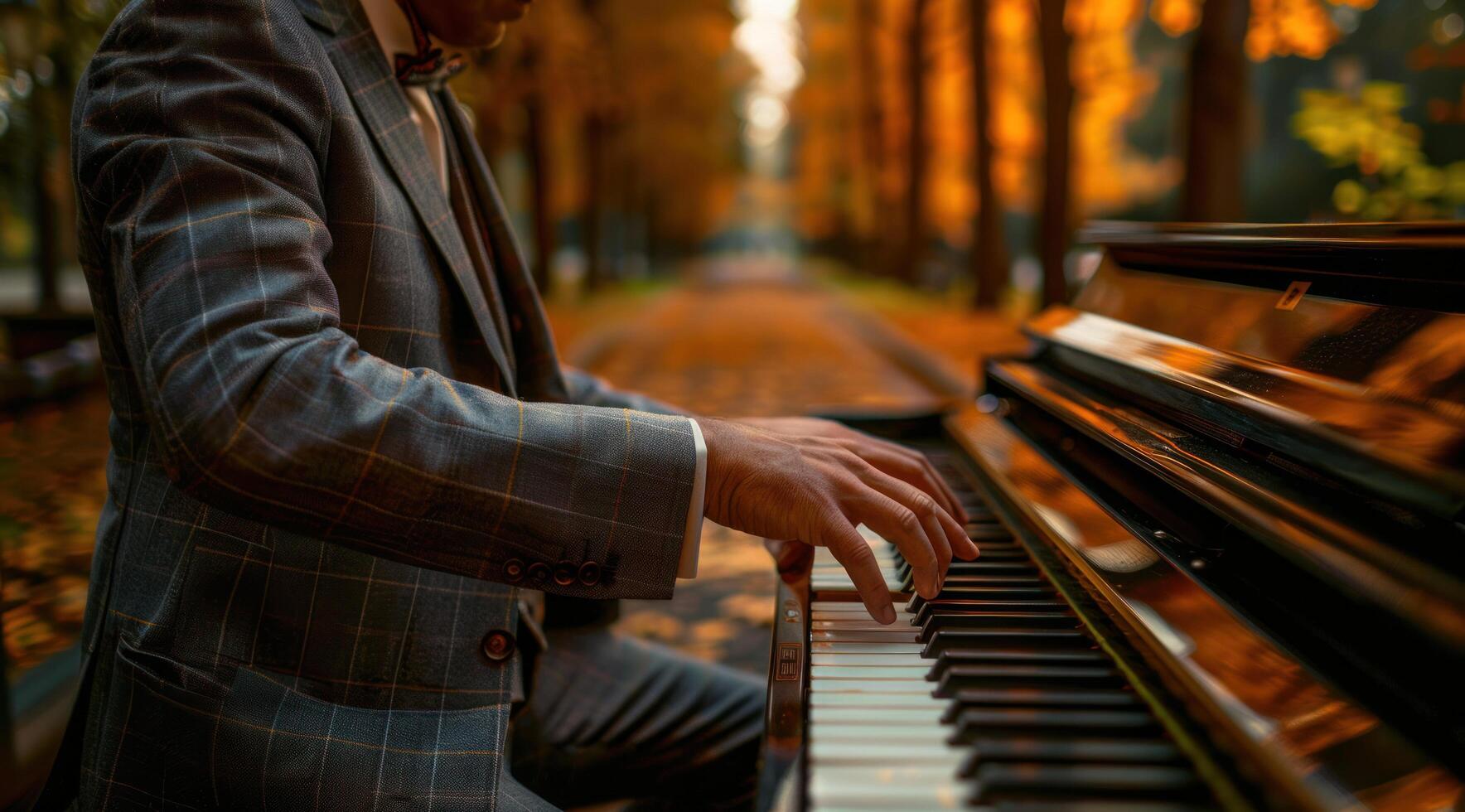 AI generated a man in a suit plays an upright piano photo