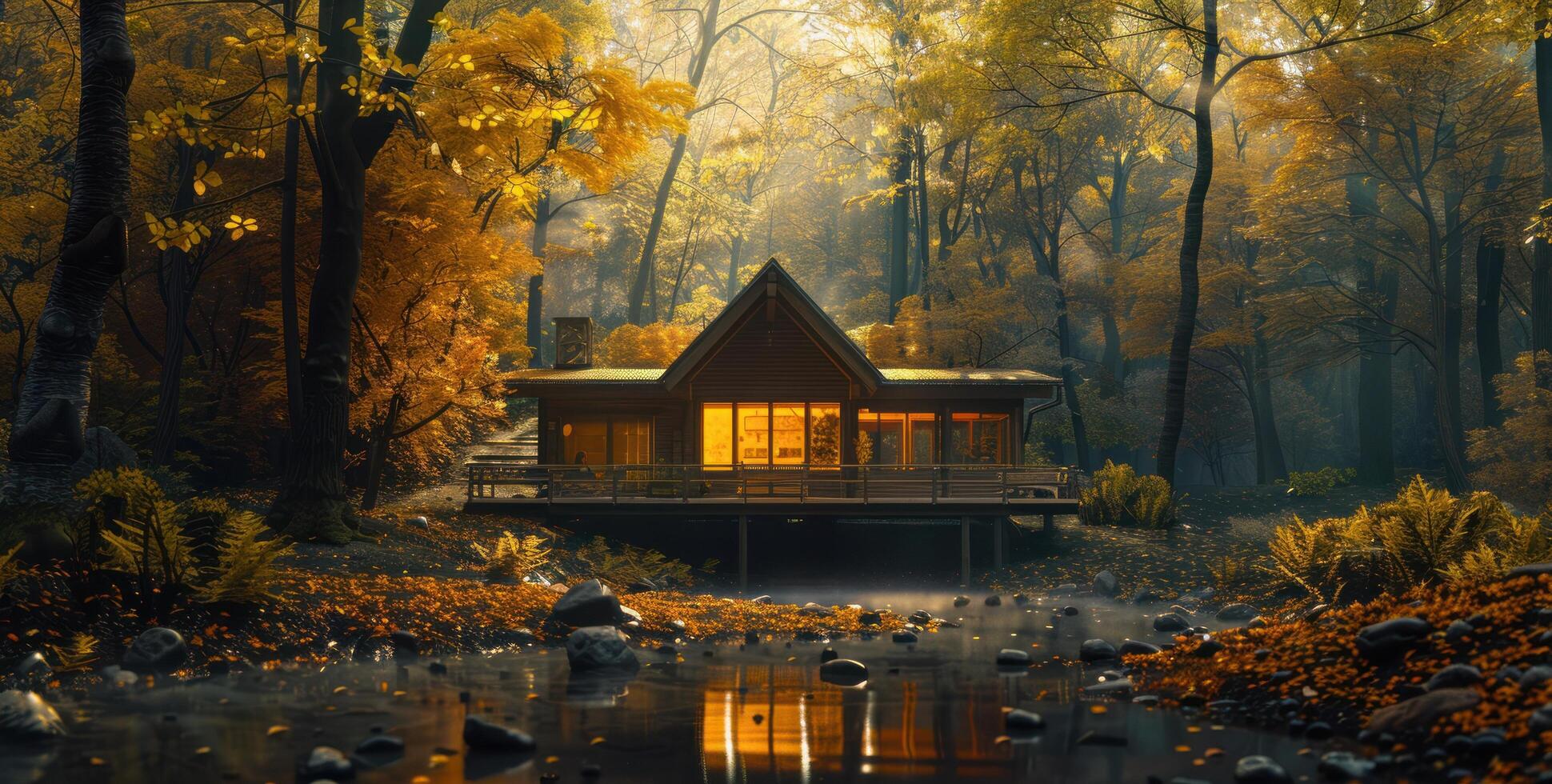 AI generated a cabin surrounded by the woods photo