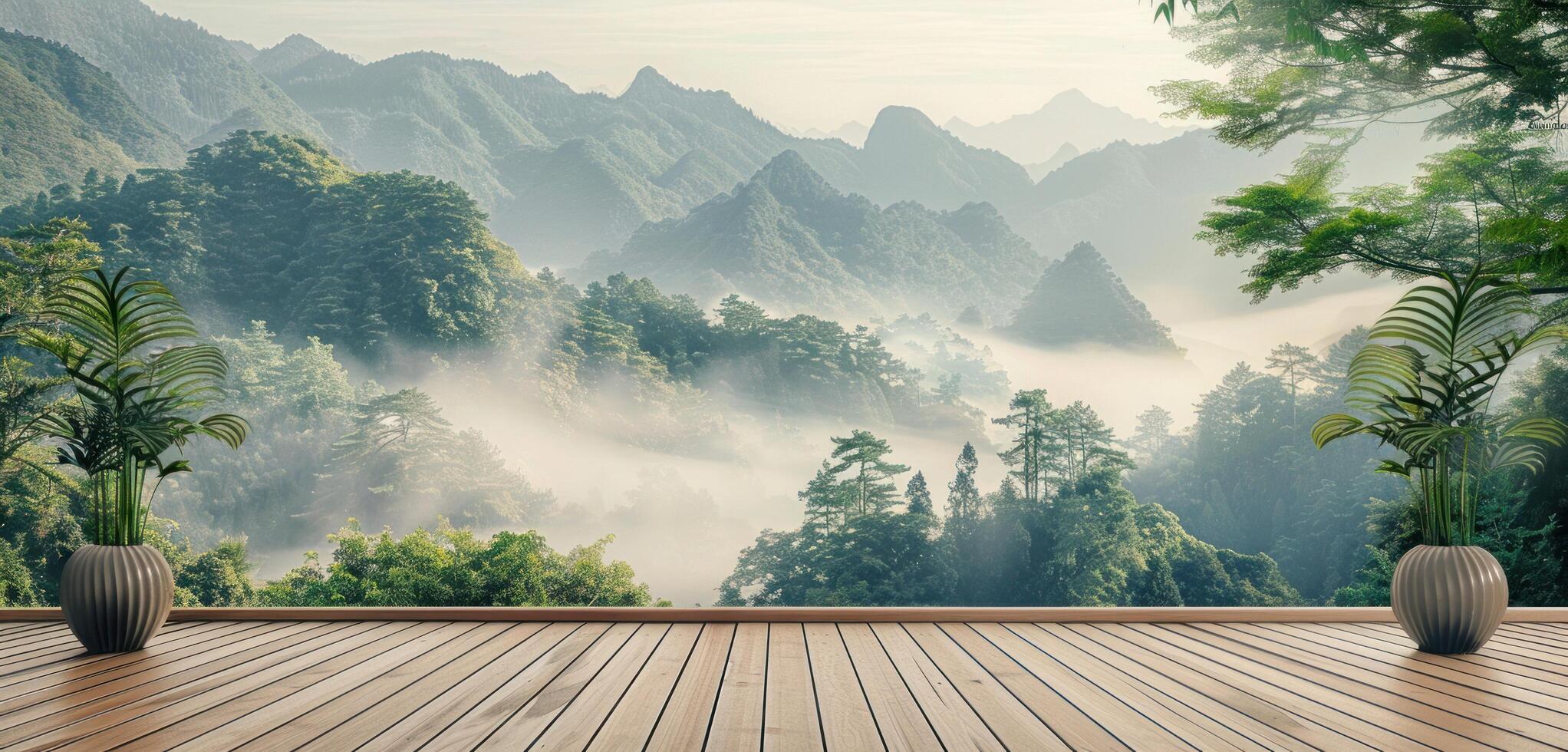 AI generated bamboo floor overlooking mountain scenery photo