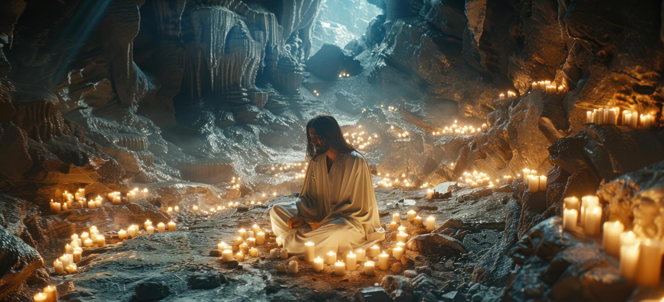 ai generado Jesús con velas en un cueva foto