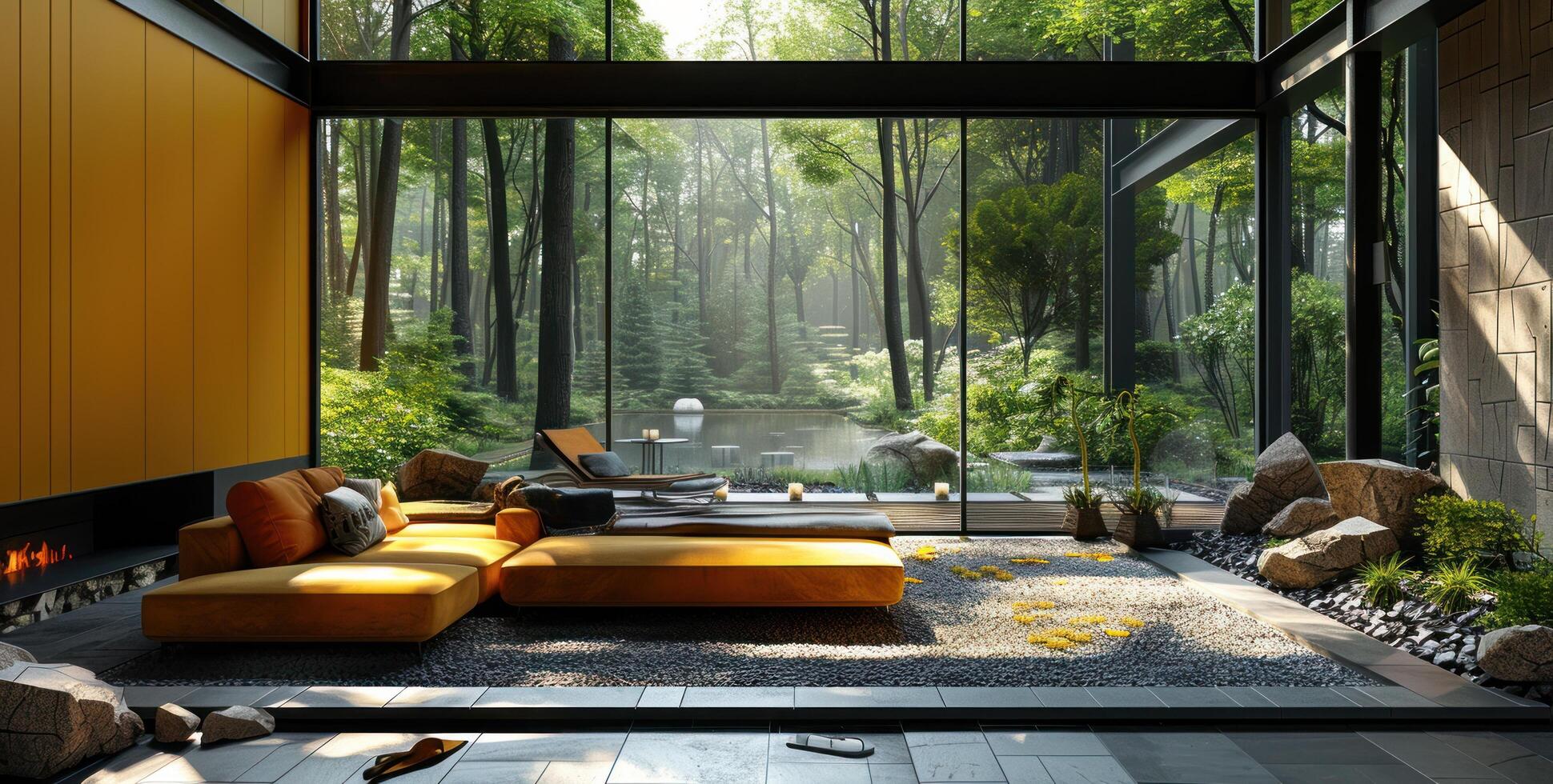 AI generated an indoor design studio gives your home, apartment, or guesthouse a modern look in the woods photo