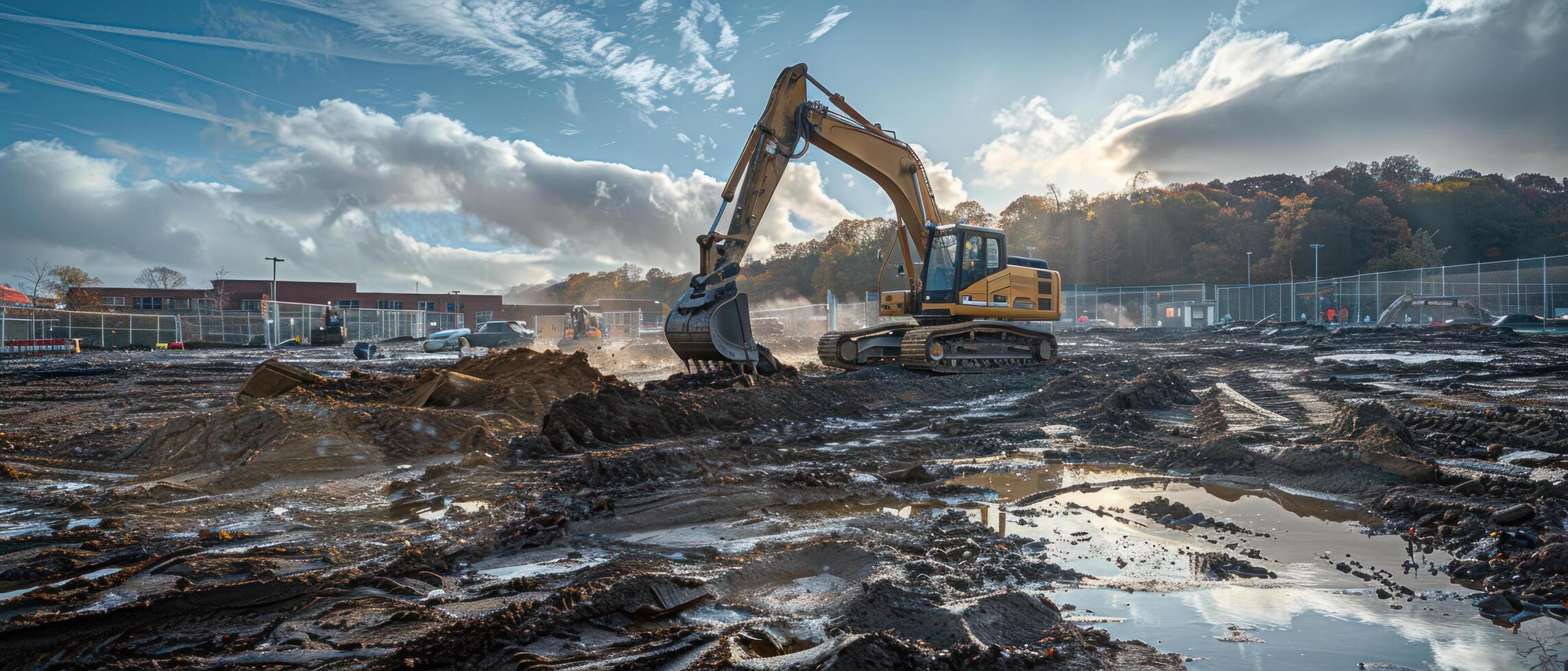 AI generated an excavator is working on a site under blue sky with cloudy saatie photo