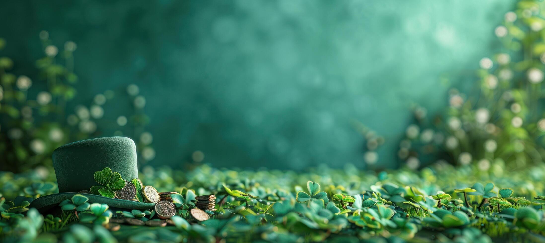 AI generated clovers st patrick day hat and coins sitting on green photo