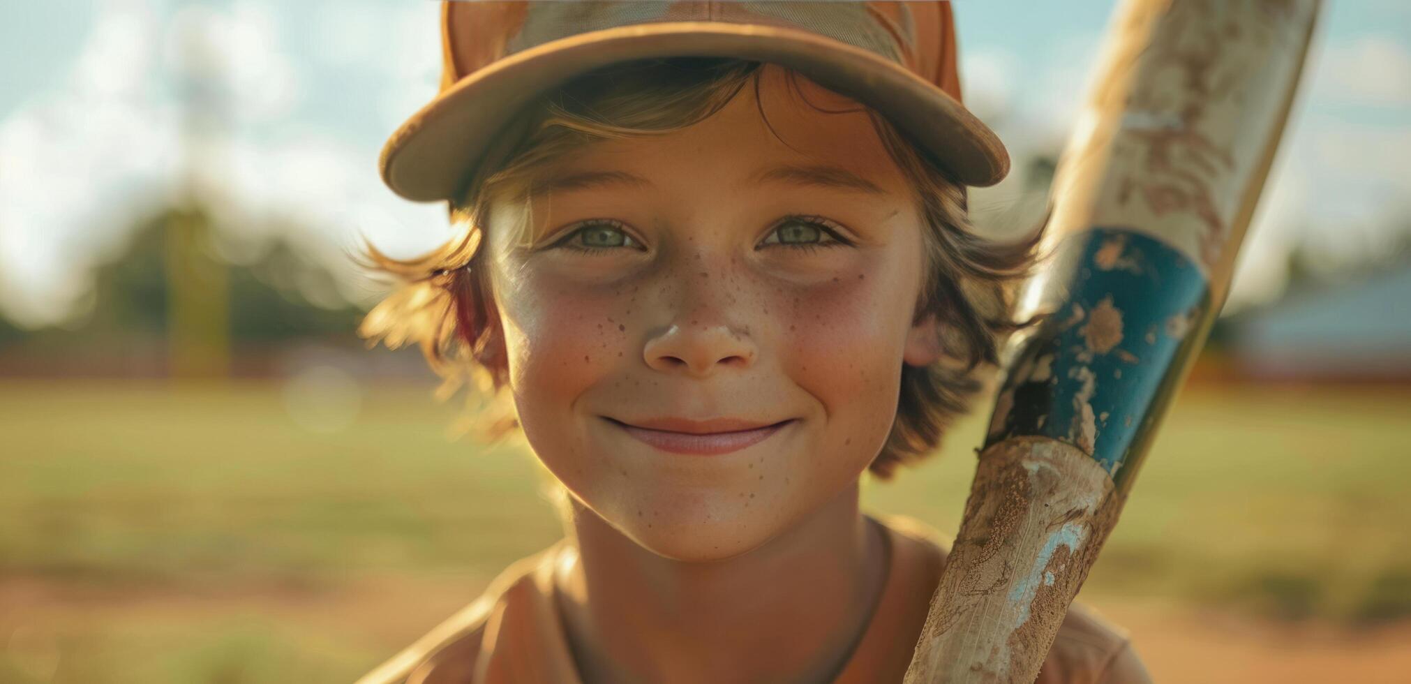 AI generated child holding baseball bat in the baseball field photo