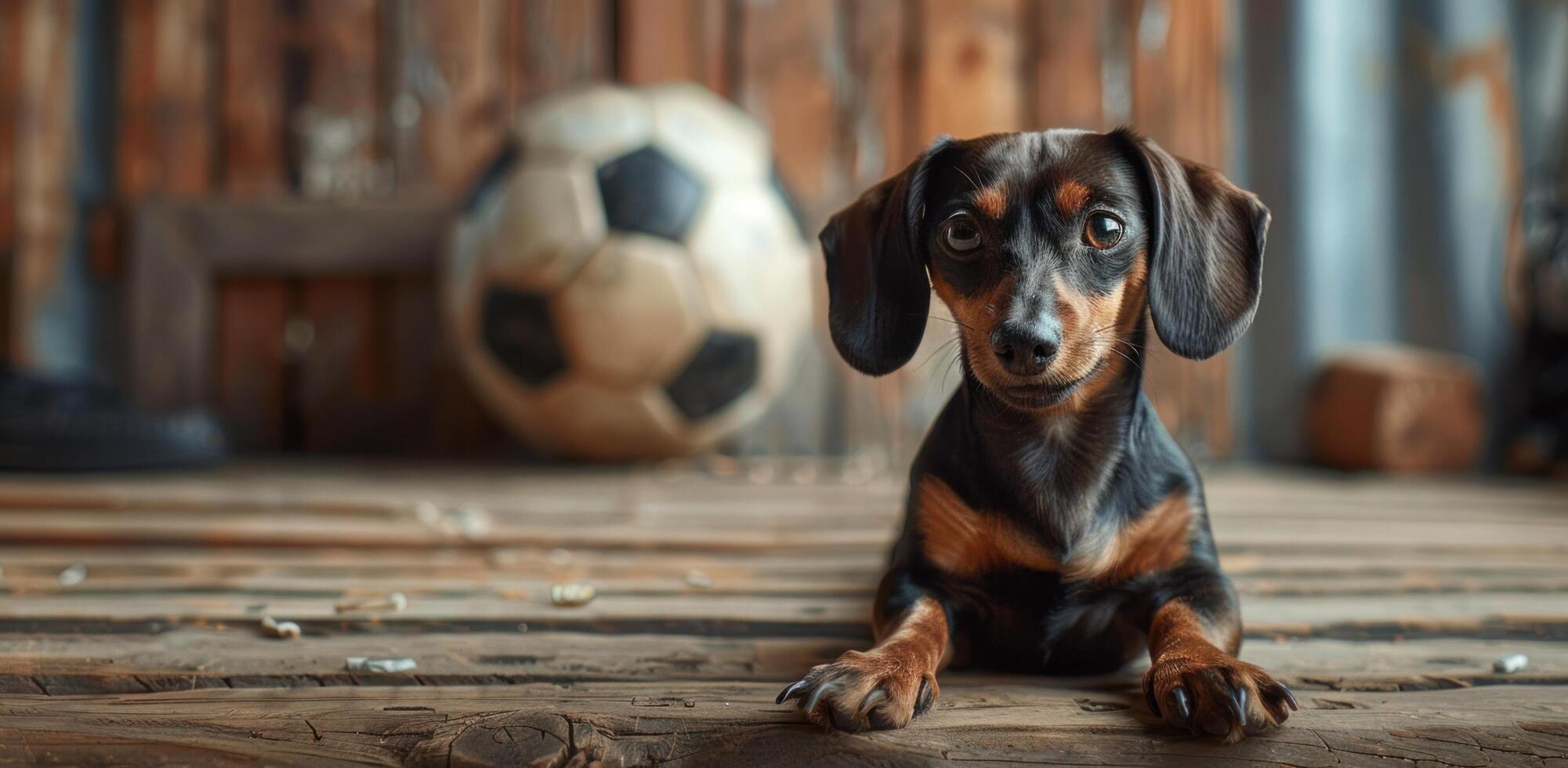 AI generated dachshund and a soccer ball in the background photo