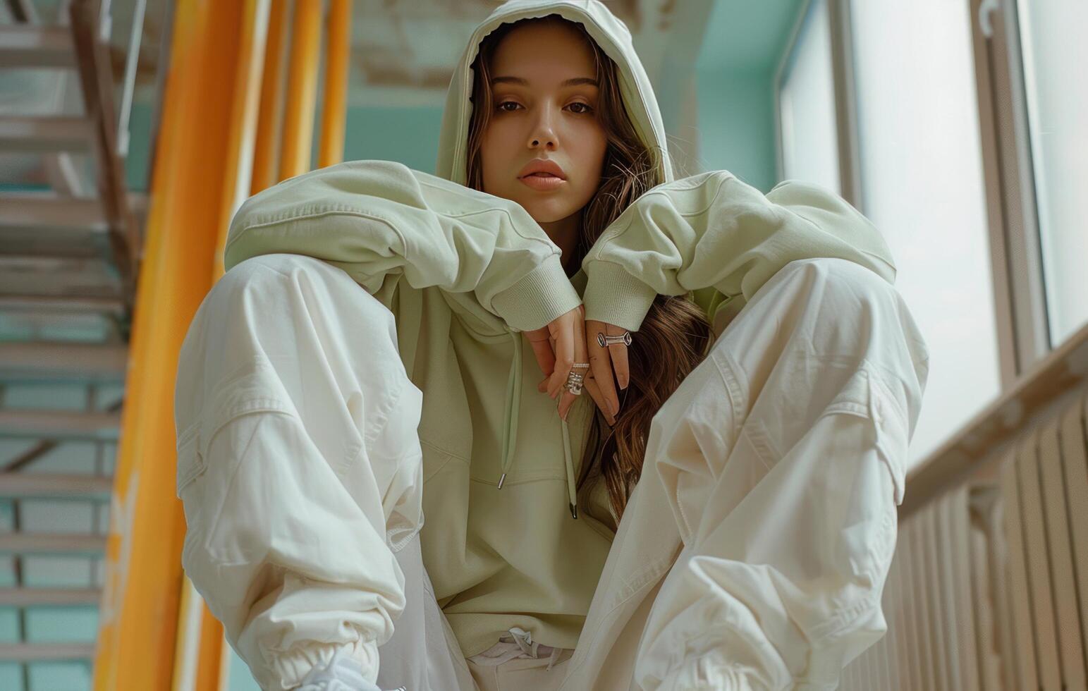 AI generated a young woman sitting in white pants and a hooded green top photo