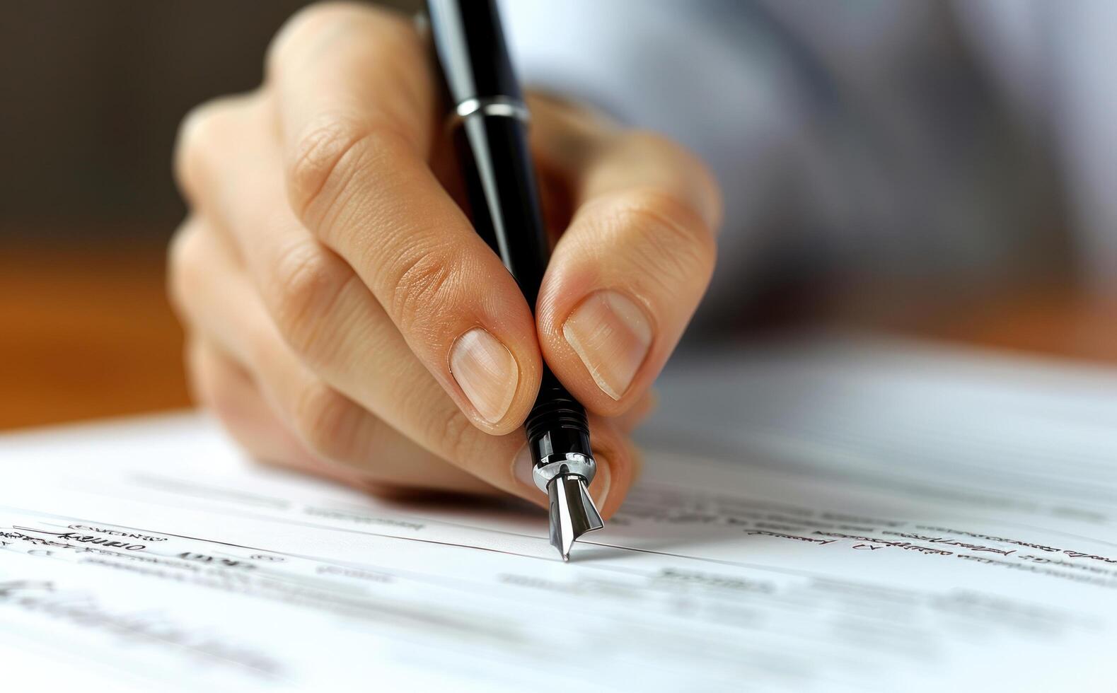 AI generated business man signing contract using pen in office with paperwork photo