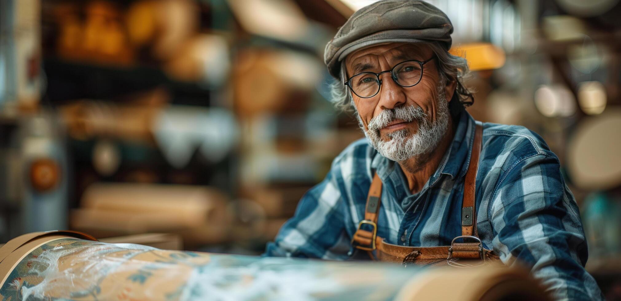 AI generated man at papermill lean of one plastic roll photo