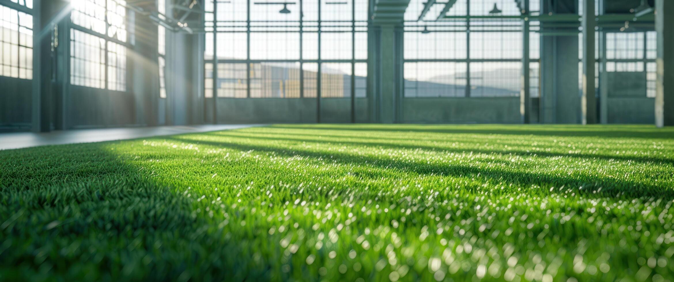 AI generated green artificial grass field indoors photo