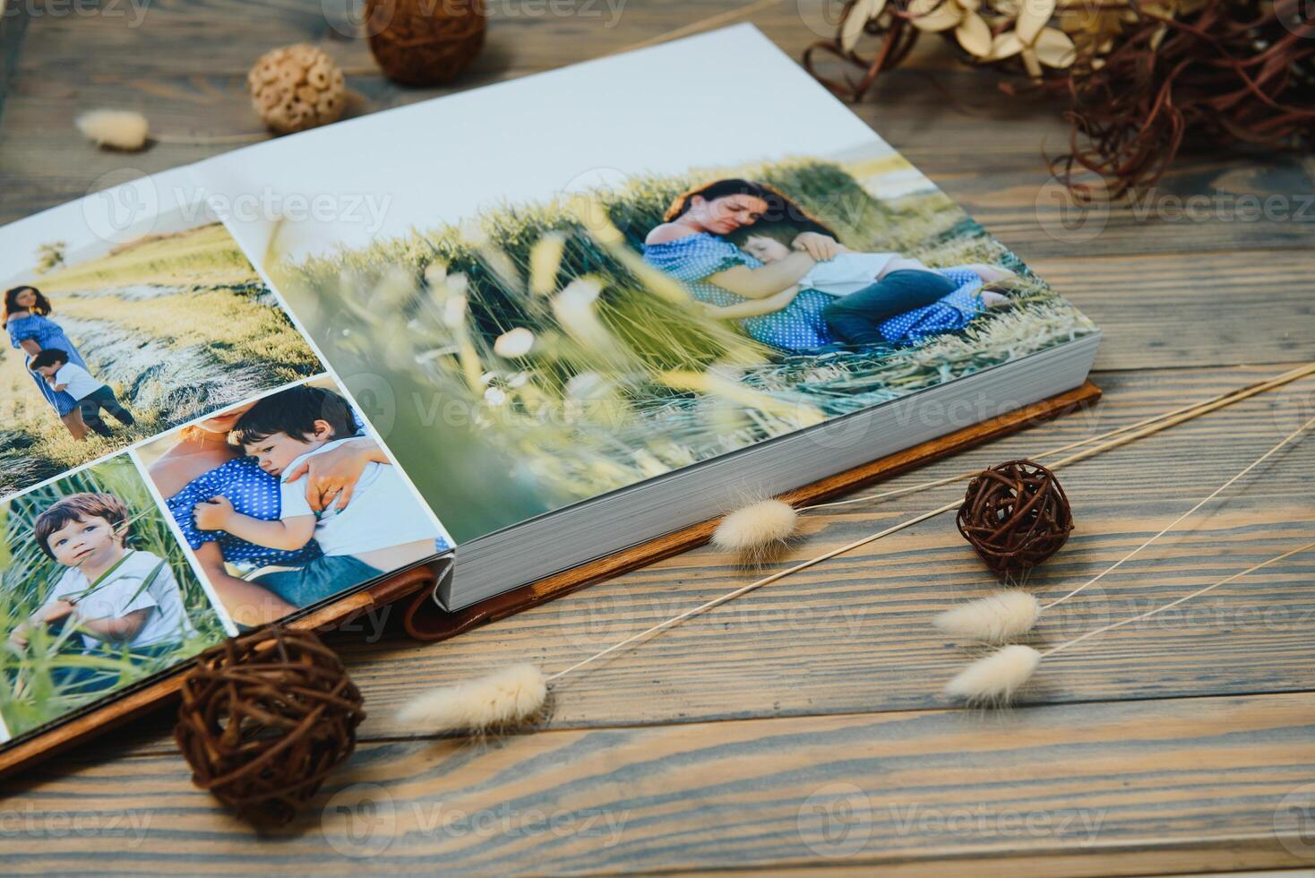 premium photo book, large size, natural wood cover, quality binding. Family photobook, recreation memories