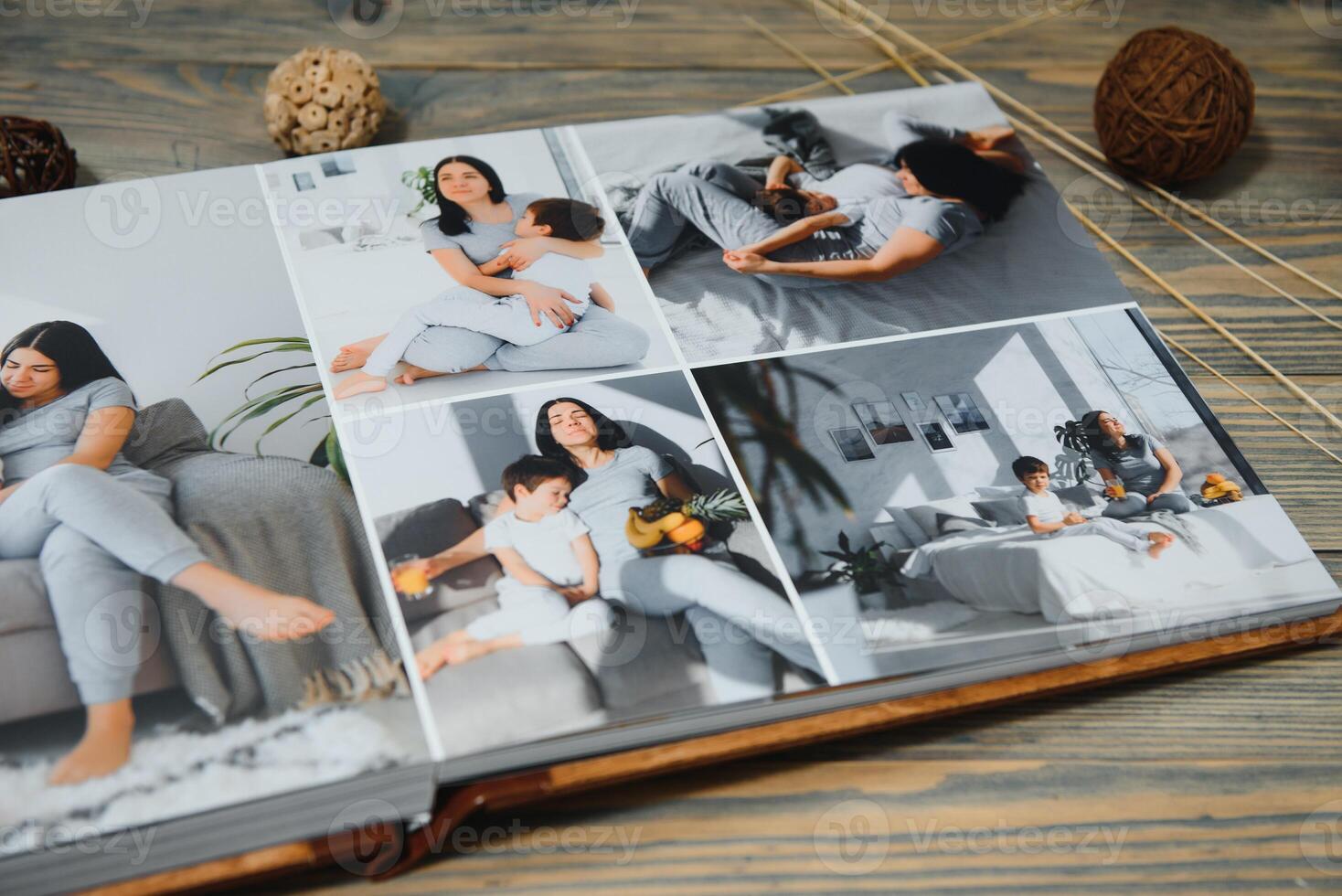 Luxury wooden photo book on natural background. Family memories photobook. Save your summer vacation memories.