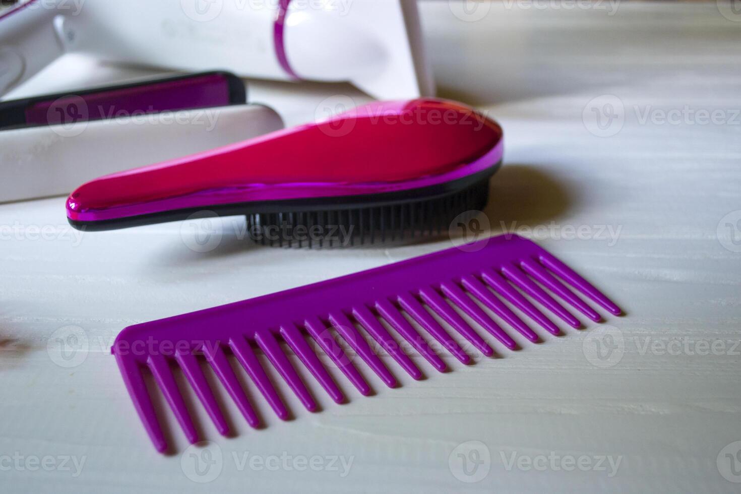 Hair care instruments. Beauty salon. Hair care tools top view. photo