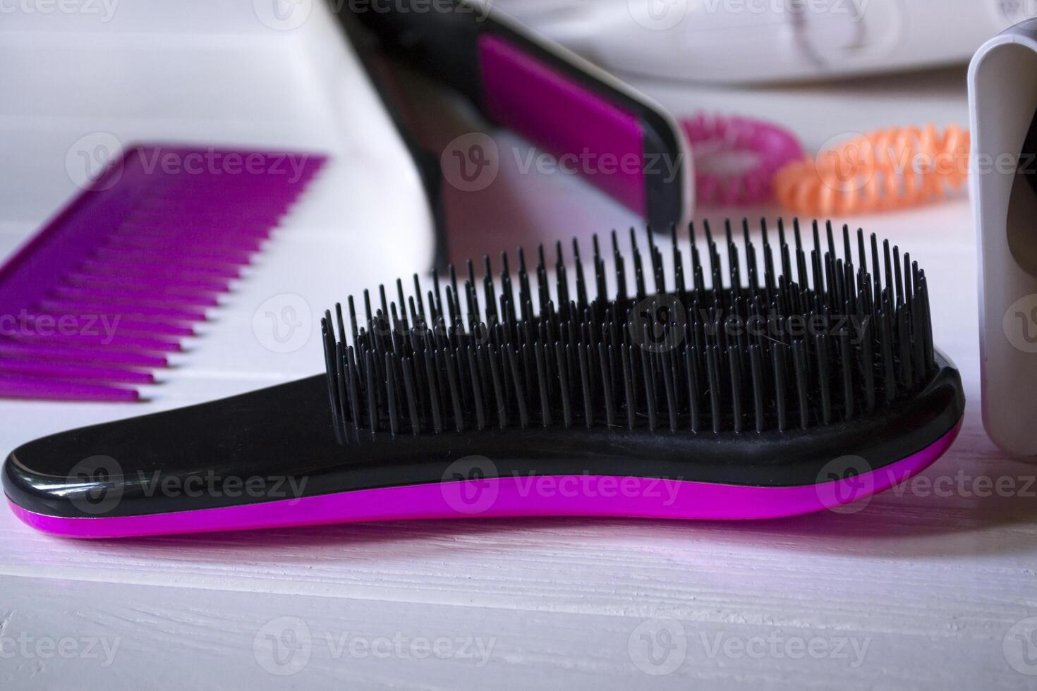 Hair care instruments. Beauty salon. Hair care tools top view. photo