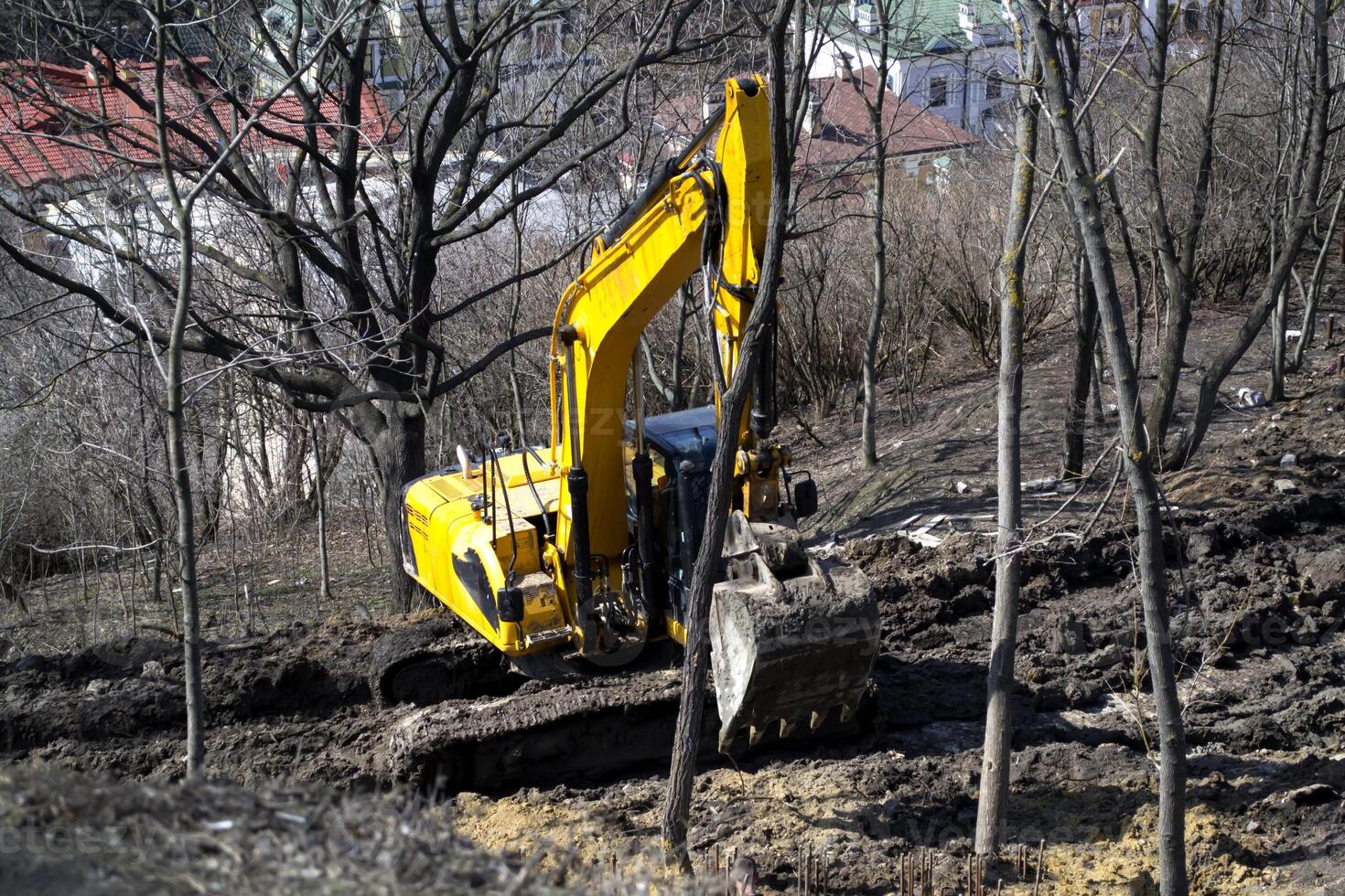 Excavator machine working in a park. photo