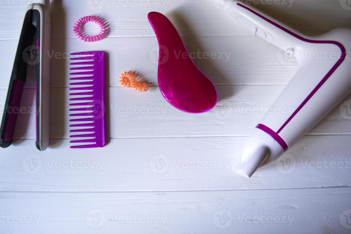 Hair care instruments. Beauty salon. Hair care tools top view. photo