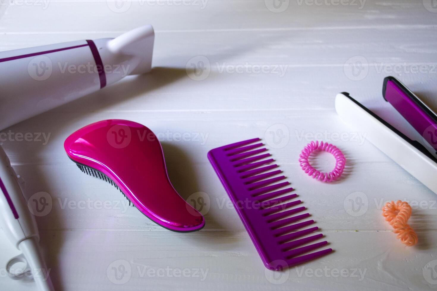 Hair care instruments. Beauty salon. Hair care tools top view. photo