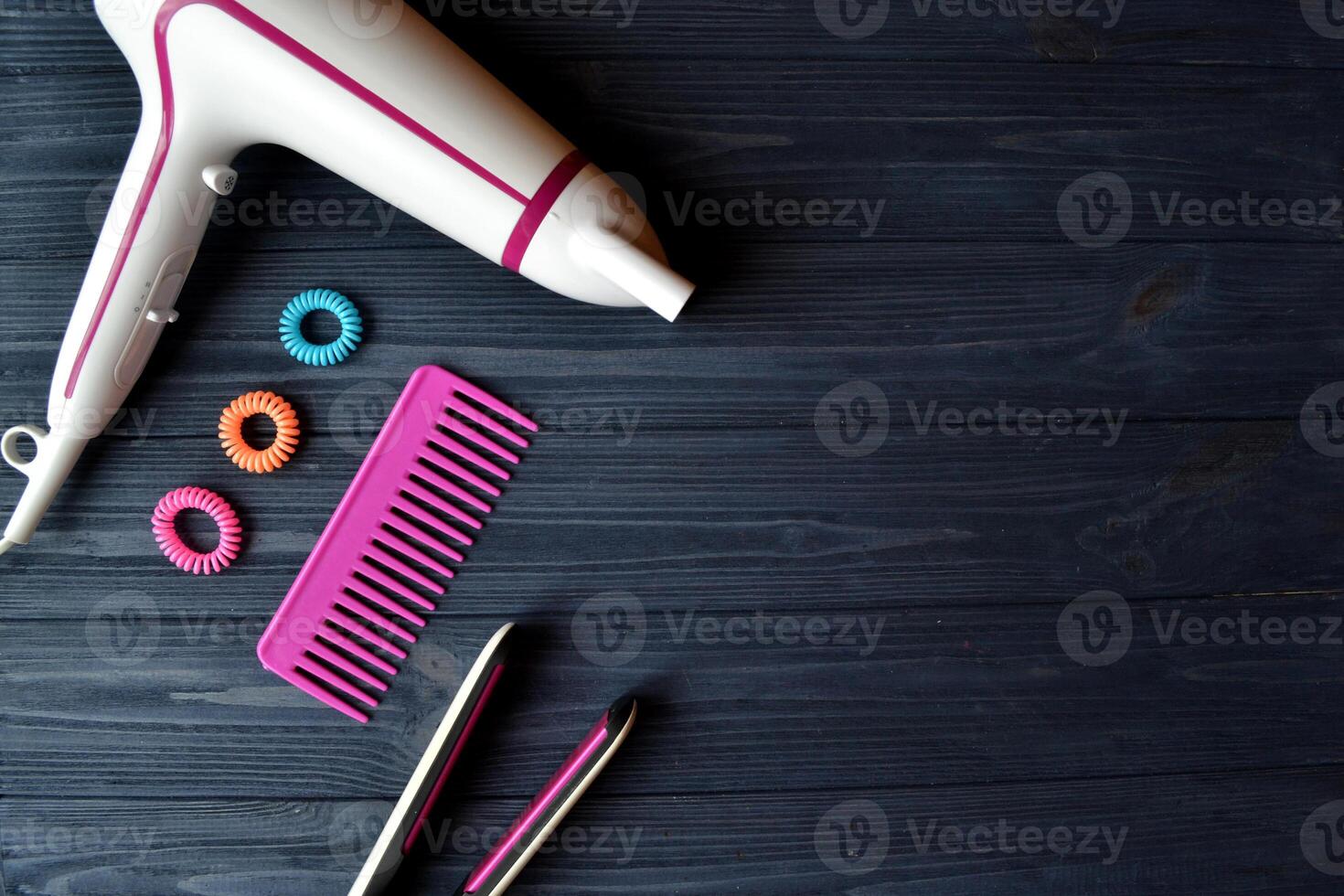 Hair care instruments. Beauty salon. Hair care tools top view. photo