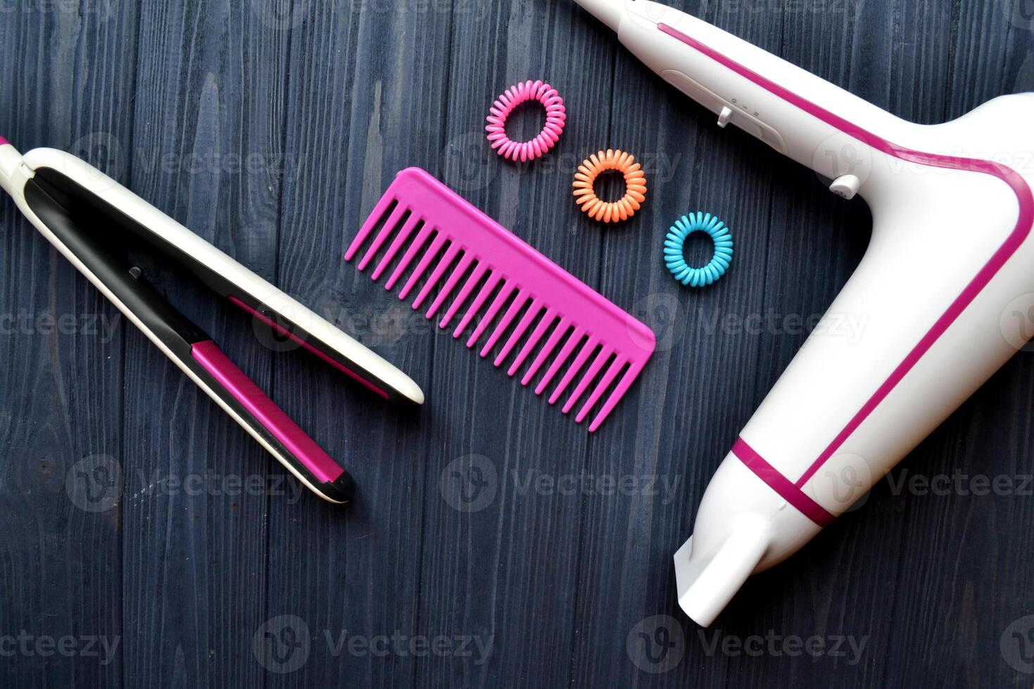 Hair care instruments. Beauty salon. Hair care tools top view. photo