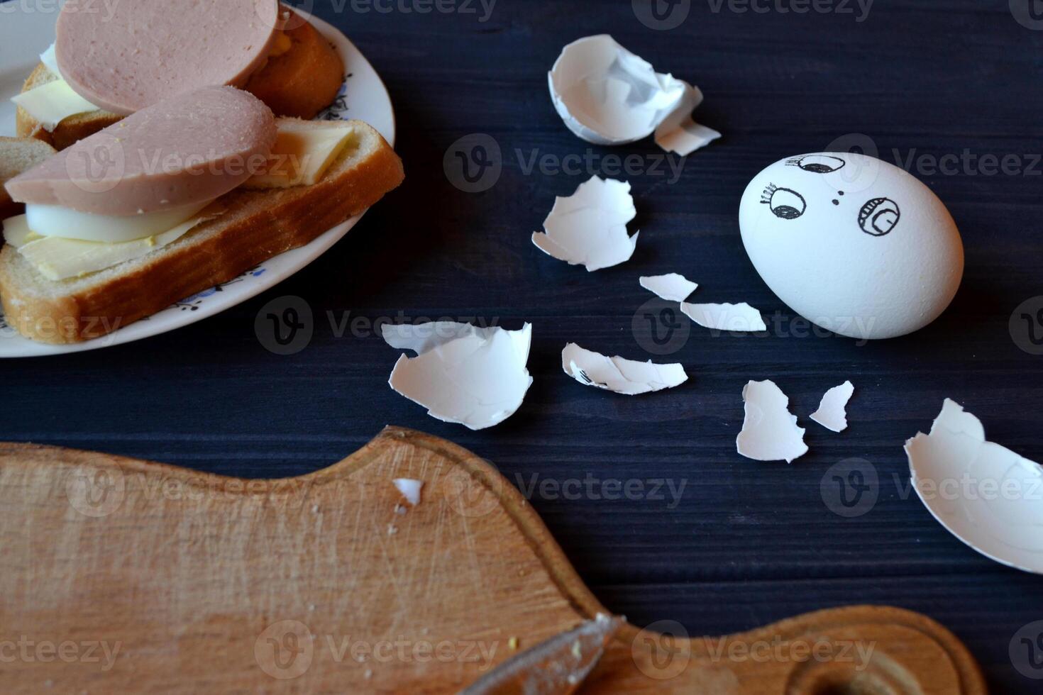 Easter still life. Creative easter background. Cooked eggs on a table in the kitchen. photo