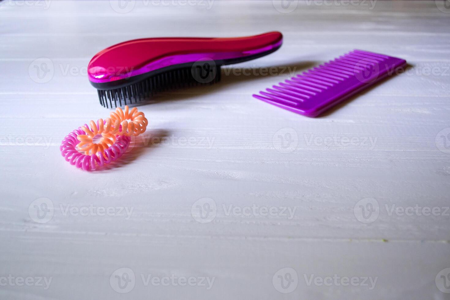 Hair care instruments. Beauty salon. Hair care tools top view. photo
