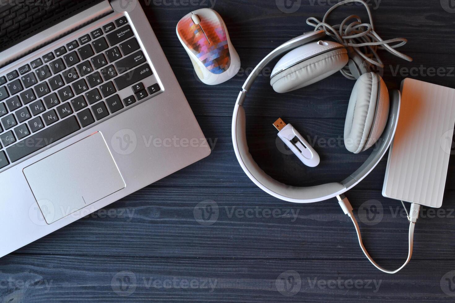 Electronic device on the workplace. Technology background photo