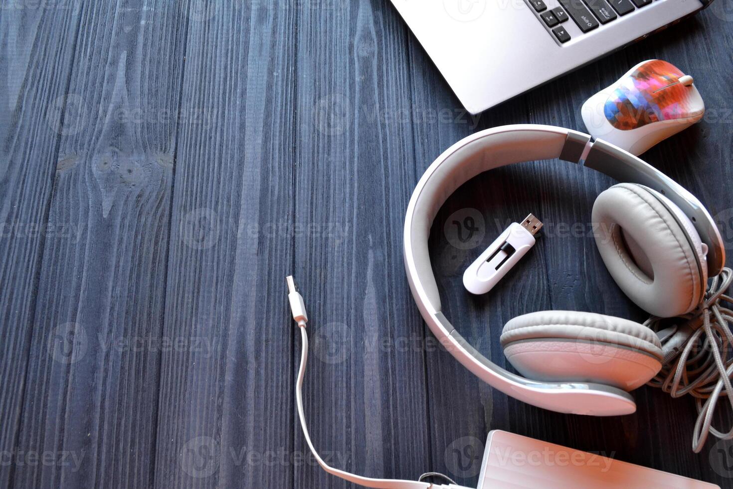 Electronic device on the workplace. Technology background photo