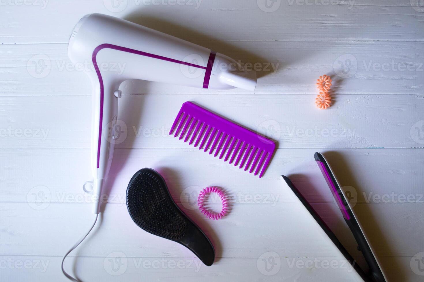 Hair care instruments. Beauty salon. Hair care tools top view. photo