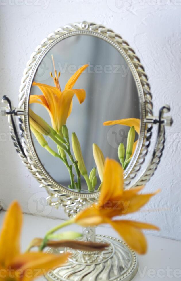 The orange lily near mirror. Flowers and mirror reflection. photo