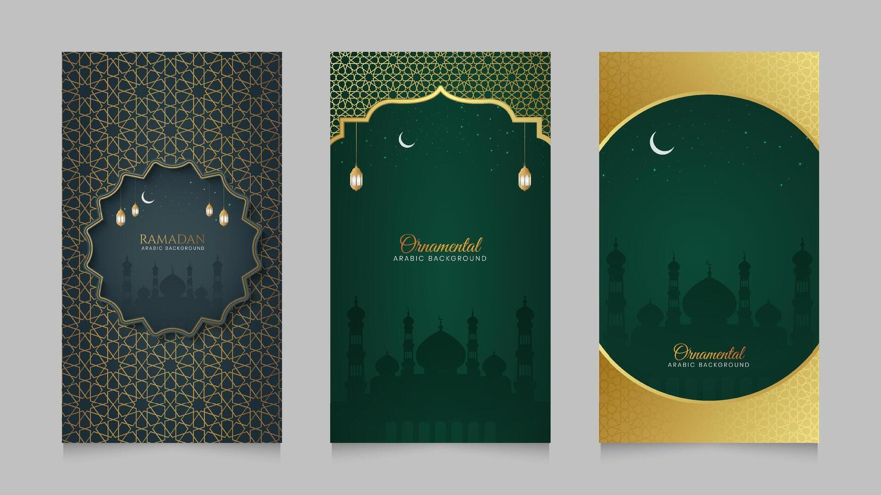 Islamic Arabic Green Realistic Social Media Stories Collection Template with Mosque for Ramadan Kareem vector